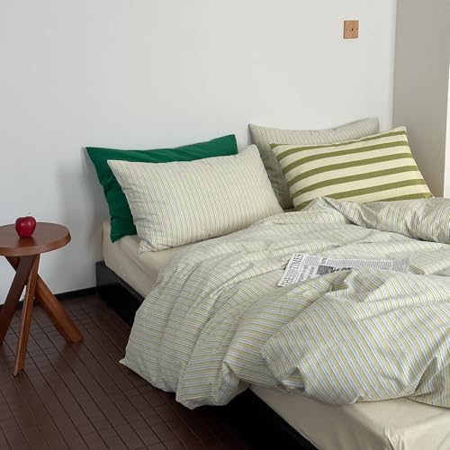 mixinni Vintage Geometric Striped Duvet Cover Set - 3 Piece 100% Washed Cotton Queen Size Bedding Set with Matching Pillowcases | Mid-Century Modern Design | Ultra Soft & Breathable-Queen Size - Image 1