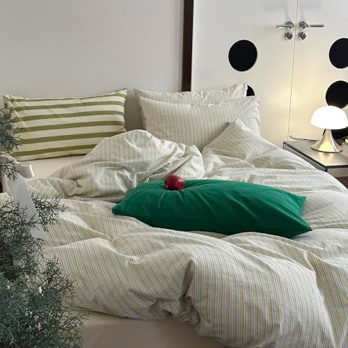 mixinni Vintage Geometric Striped Duvet Cover Set - 3 Piece 100% Washed Cotton Queen Size Bedding Set with Matching Pillowcases | Mid-Century Modern Design | Ultra Soft & Breathable-Queen Size - Image 2