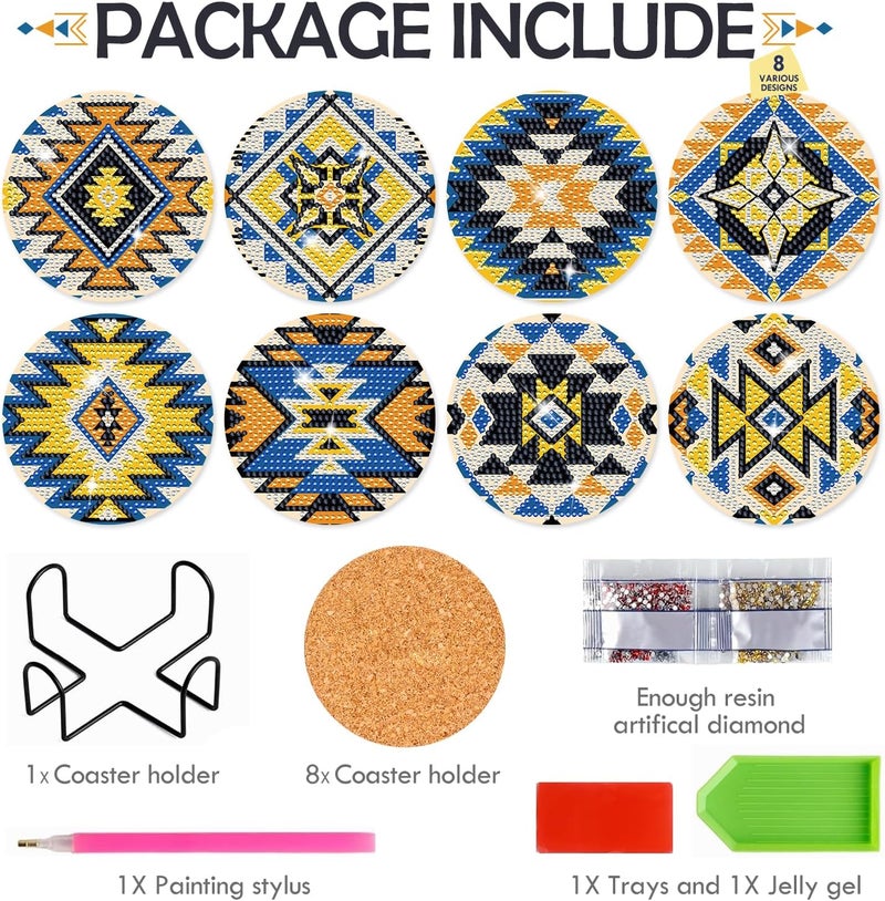 INCOK Aztec Diamond Art Coasters - 8 PCS DIY Geometric Diamond Painting Coasters Kits for Drinks Coffee Abstract Boho American Native Tribal Art Craft Supplies Gift for Indian Mexican Beginners - Image 4