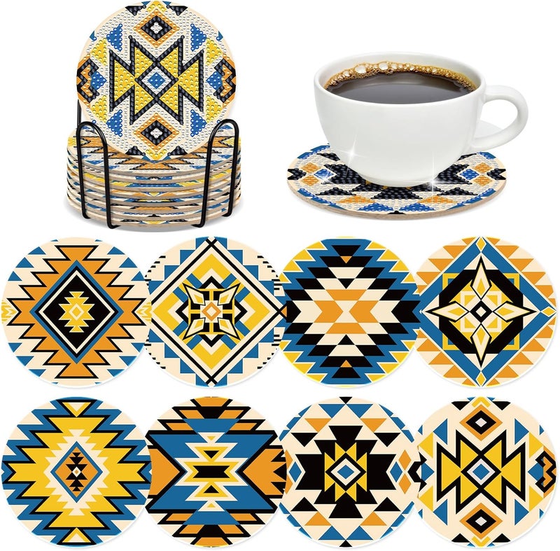 INCOK Aztec Diamond Art Coasters - 8 PCS DIY Geometric Diamond Painting Coasters Kits for Drinks Coffee Abstract Boho American Native Tribal Art Craft Supplies Gift for Indian Mexican Beginners - Image 1