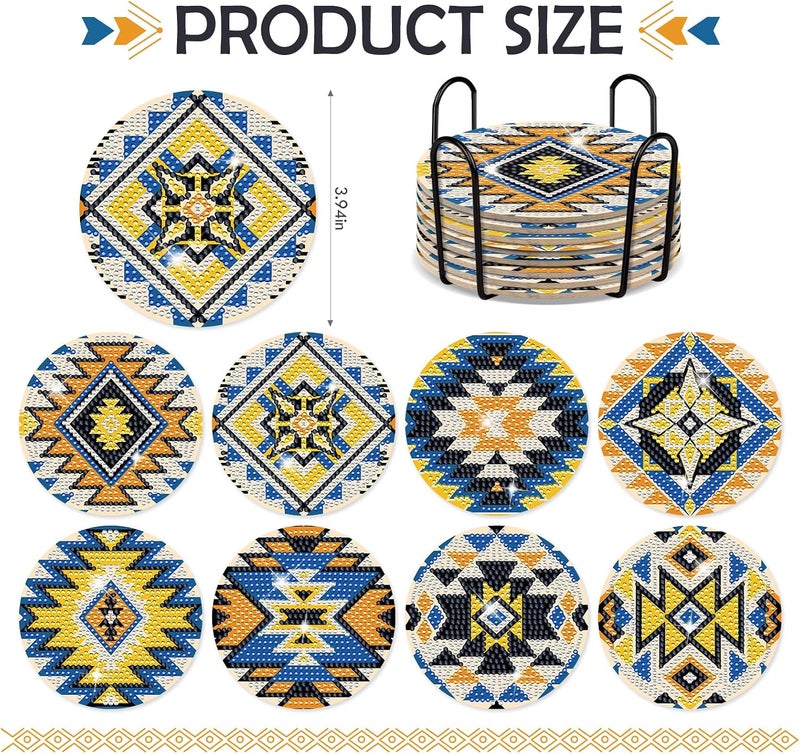 INCOK Aztec Diamond Art Coasters - 8 PCS DIY Geometric Diamond Painting Coasters Kits for Drinks Coffee Abstract Boho American Native Tribal Art Craft Supplies Gift for Indian Mexican Beginners - Image 2