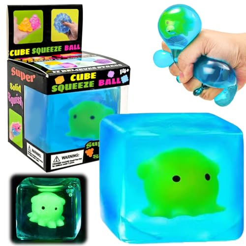 YVBBHE Blue Squeeze Cube with Luminous Octopus InsideSquishy Stress Fidget Gummy Toys Glow in The Dark Animal Maltose Sensory Toys for Kids Autism Stress Balls for Anxiety Stress Relief - Image 1