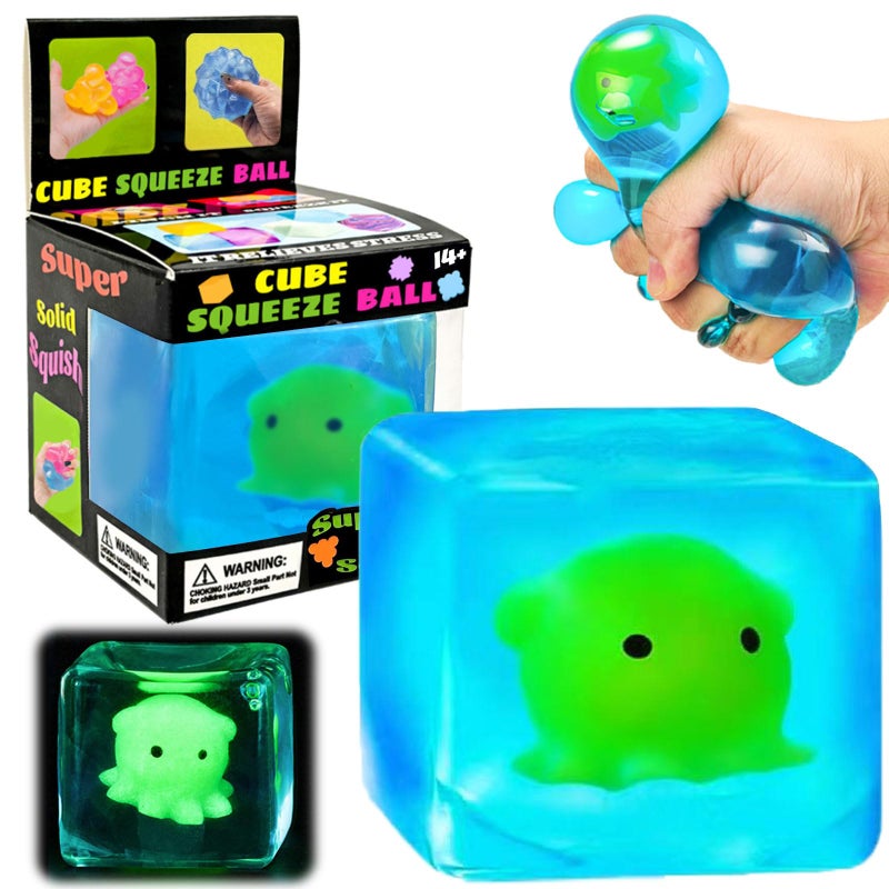 YVBBHE Blue Squeeze Cube with Luminous Octopus InsideSquishy Stress Fidget Gummy Toys Glow in The Dark Animal Maltose Sensory Toys for Kids Autism Stress Balls for Anxiety Stress Relief - Image 3