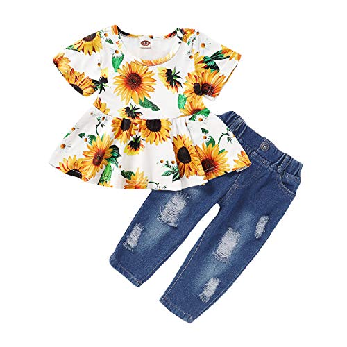 CARETOO Girls Clothes Outfits, Cute Baby Girl Floral Short Sleeve Pant Set Flower Ruffle Top - Image 2