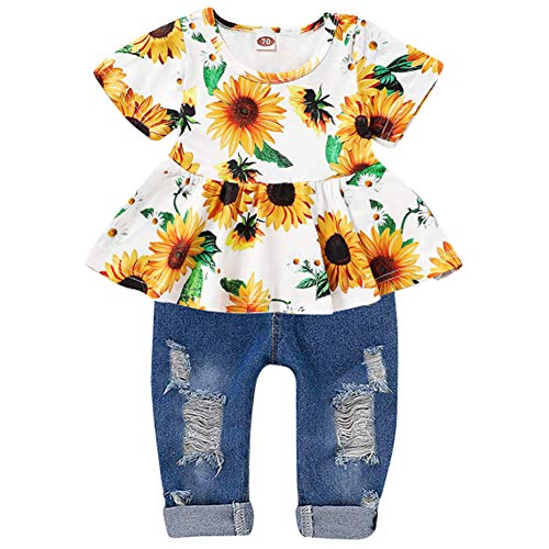 CARETOO Girls Clothes Outfits, Cute Baby Girl Floral Short Sleeve Pant Set Flower Ruffle Top - Image 1