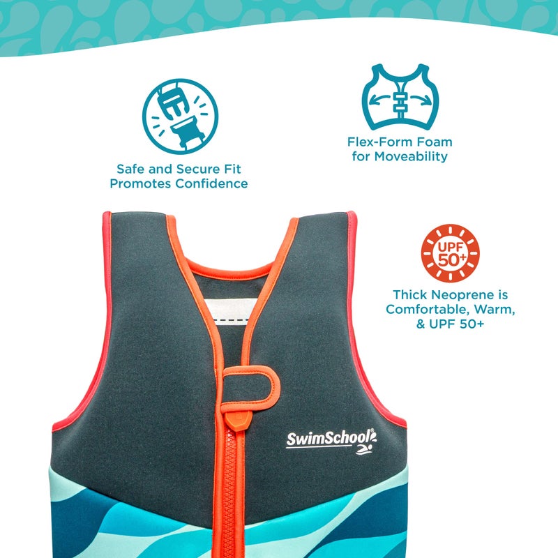 SwimSchool New SWIMSCHOOL Neoprene Premium Swim Trainer Vest â€“ Small/Medium Up to 33 Lbs. â€“ Easy On & Off Kids Swim Vest and Adjustable Safety Strap â€“ Blue/Black/Green Wave - Image 4