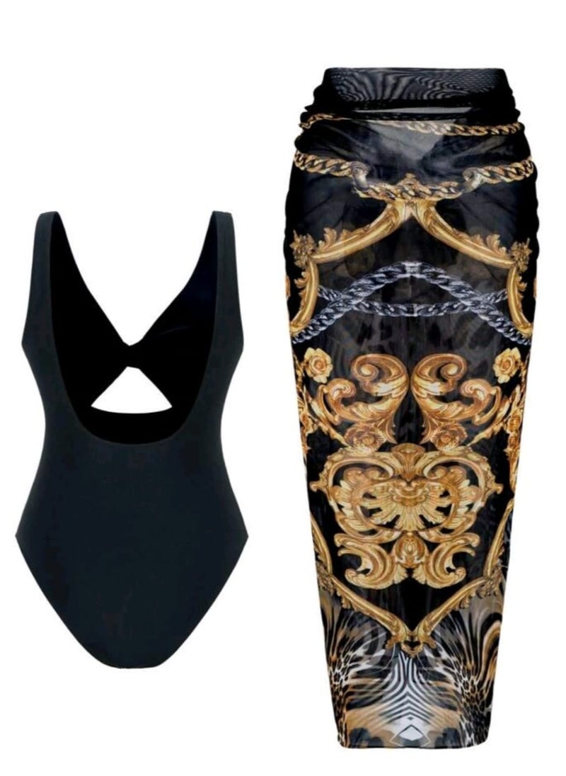 Shein SHEIN Women Solid Color One Piece Swimsuit With Printed Tiered Skirt  - Image 2