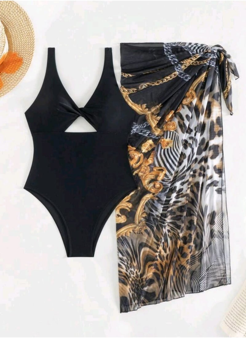 Shein SHEIN Women Solid Color One Piece Swimsuit With Printed Tiered Skirt  - Image 3