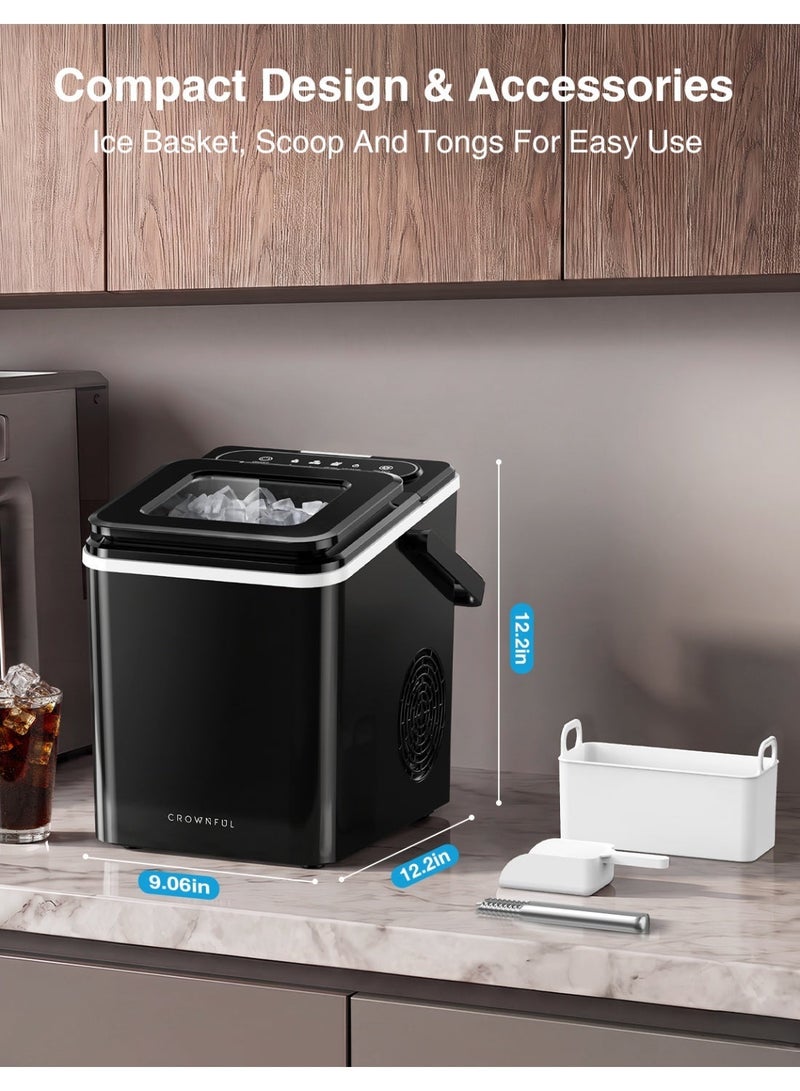 كراونفول ice makerCROWNFUL ماكينة صنع مكعبات الثلج لسطح الطاولة، 12 مكعب ثلج مربع خلال 12 دقيقة، إنتاج يصل إلى 8 كجم يوميًا، تنظيف ذاتي، خزان مياه بسعة 1.6 لتر، مستويان لسماكة الثلج، تشغيل هادئ وتصميم مدمج للمطبخ والمنزل والمكتب، أسود - Image 5