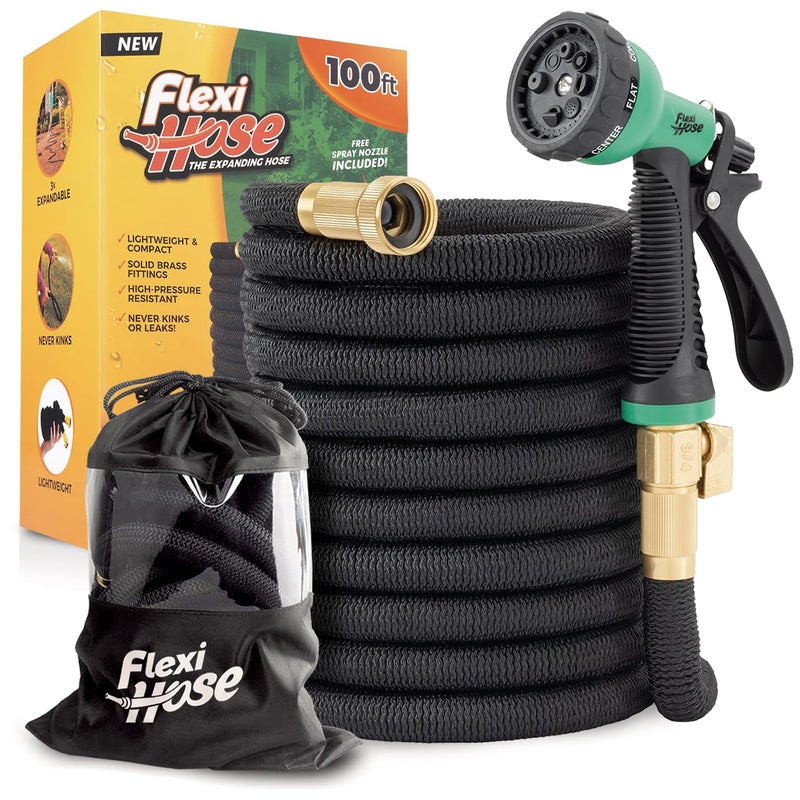 Flexi Hose Plus Expandable Garden Hose with 8 Function Nozzle, 100FT - Lightweight Retractable Garden Hose, Water Hose - No-Kink Flexibility, 3/4 Inch Solid Brass Fittings Includes Hook & Bag - Image 1