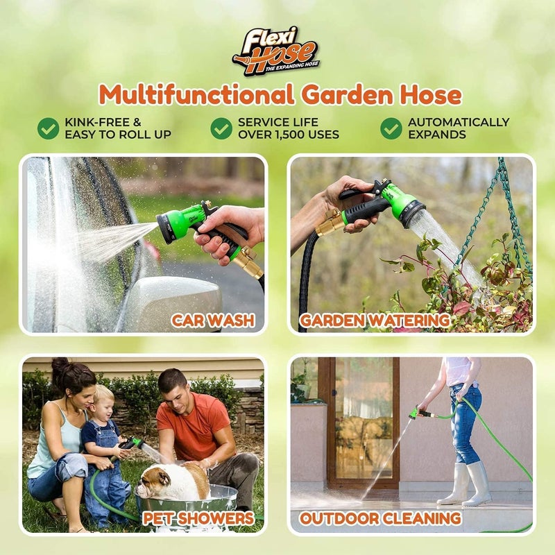 Flexi Hose Plus Expandable Garden Hose with 8 Function Nozzle, 100FT - Lightweight Retractable Garden Hose, Water Hose - No-Kink Flexibility, 3/4 Inch Solid Brass Fittings Includes Hook & Bag - Image 3