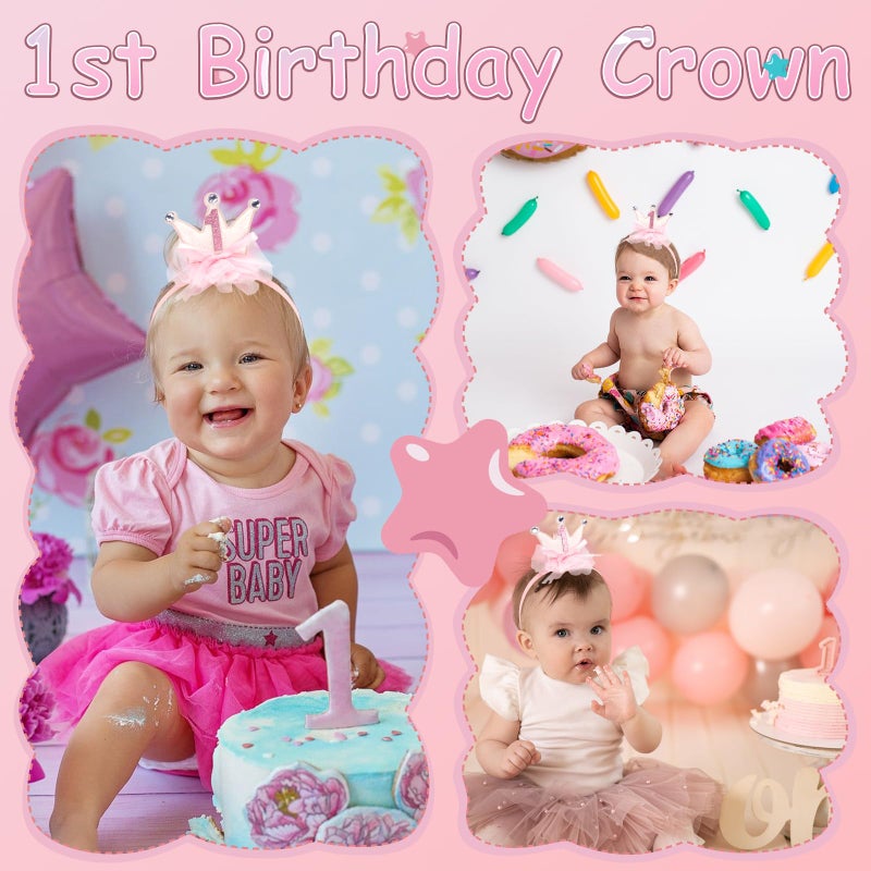Vovii Princess Crown for Baby Girls, Pink Mini Tiara One Birthday Crown Headband for Girl Decorations Outfit Decor Photo Props Party Supplies - Image 5