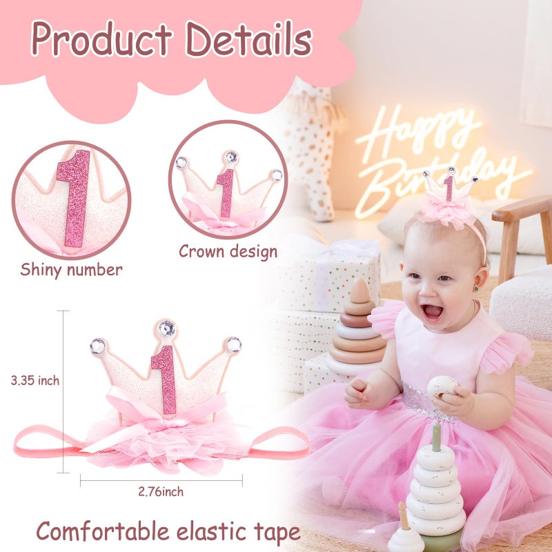 Vovii Princess Crown for Baby Girls, Pink Mini Tiara One Birthday Crown Headband for Girl Decorations Outfit Decor Photo Props Party Supplies - Image 3