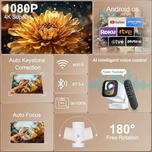 Salange [ Auto Focus & Keystone / 1080P Native ] Mini Projector with Wifi and Bluetooth 5.4, Portable Projector for Outdoor Movies/Bedroom, Built in Apps, Smart Proyector 4K Support (2026 Upgrade, White) - Image 2