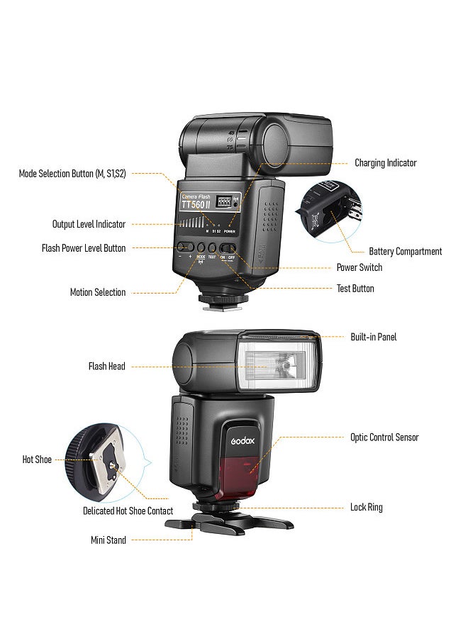 Godox - TT560II Universal On-Camera Flash Electronic Speedlite GN38 Standard Hot Shoe 2.4G Wireless Trigger with M/S1/S2 Mode with Trigger Transmitter & Mini Stand Flash Speedlite - Image 1