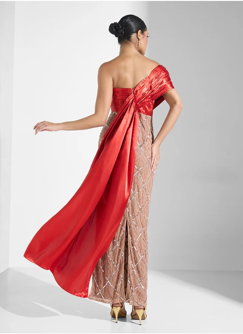 Namshi x One Shoulder Ruched Dress With Embellishments