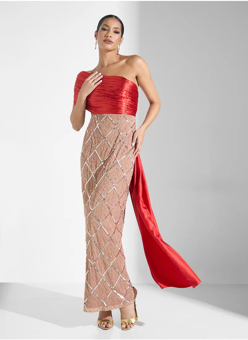 Namshi x One Shoulder Ruched Dress With Embellishments