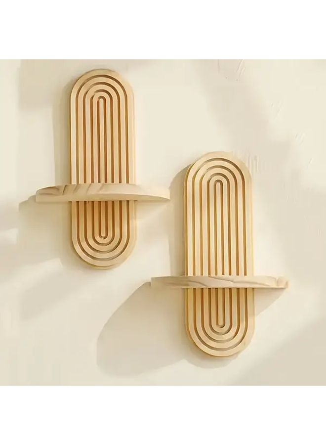 Two Pack Wooden Bohemian Wall Shelf Hanging Storage Rack For Bathroom Living Room Bedroom Kitchen - Image 1
