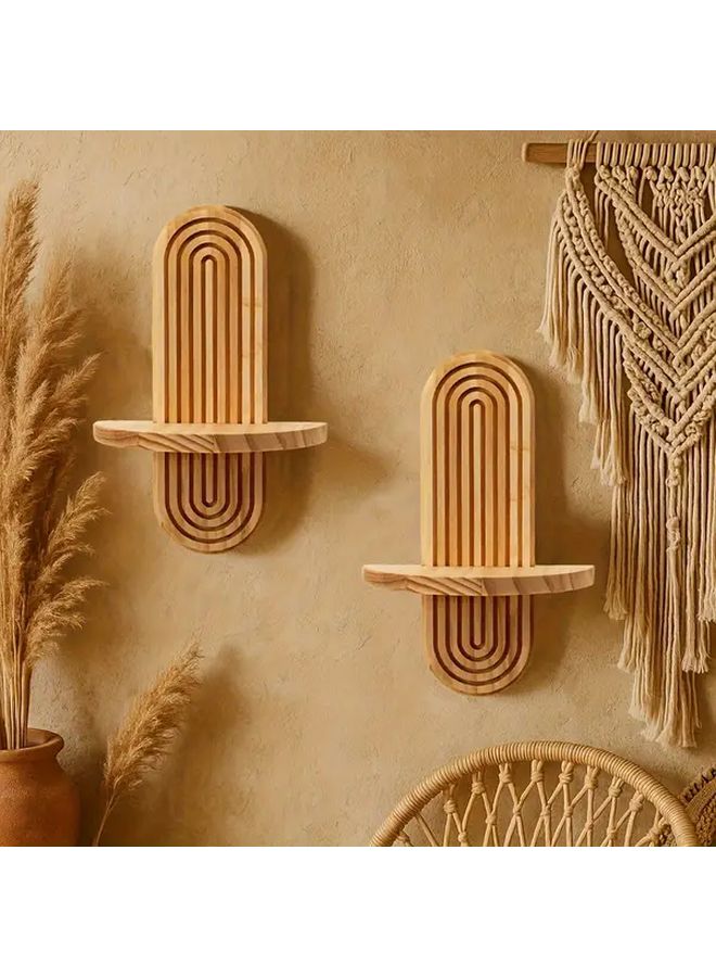 Two Pack Wooden Bohemian Wall Shelf Hanging Storage Rack For Bathroom Living Room Bedroom Kitchen - Image 4