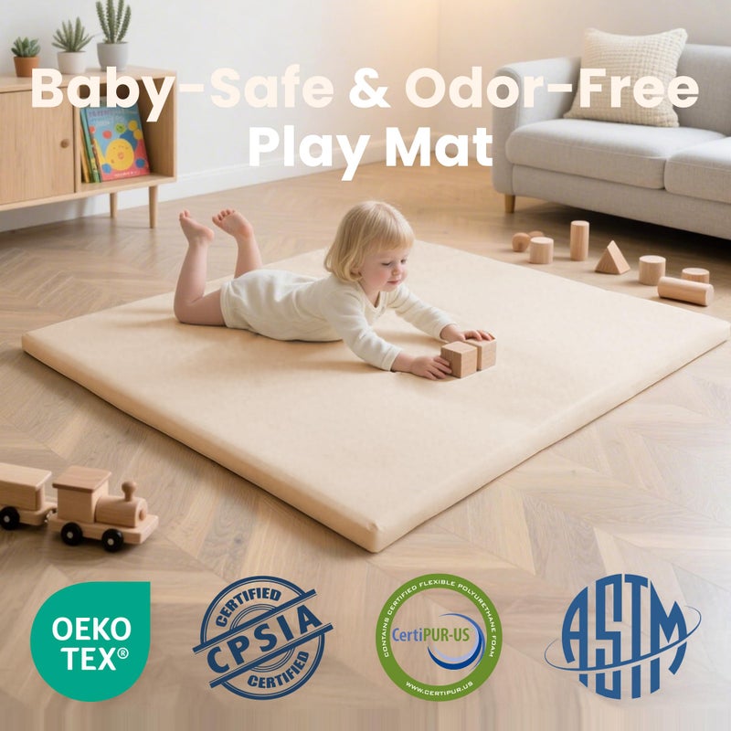 Huloo Sleep Baby Play Mat 50x50 Inches,1.3" Thick Padded Waterproof Floor Cushion & Playpen Mat with Vegan Leather,Non-Slip & Non-Toxic Nursery Rug for Infants, Toddlers & Kids(Beige) - Image 2