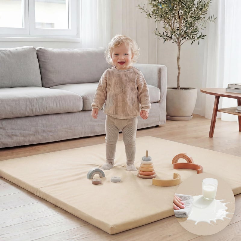 Huloo Sleep Baby Play Mat 50x50 Inches,1.3" Thick Padded Waterproof Floor Cushion & Playpen Mat with Vegan Leather,Non-Slip & Non-Toxic Nursery Rug for Infants, Toddlers & Kids(Beige) - Image 1