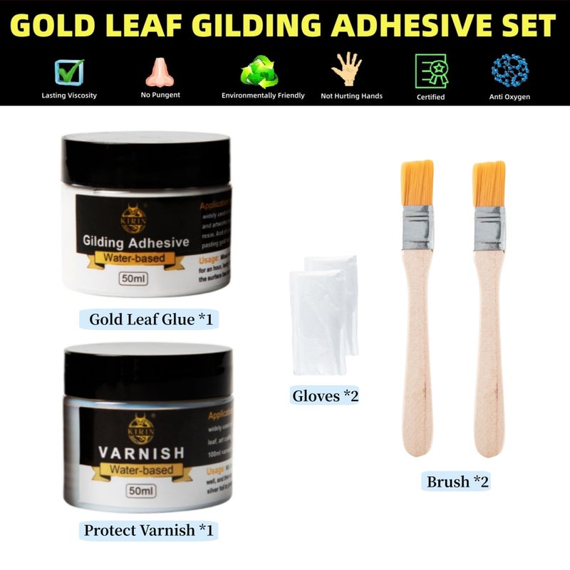 KIRIN Gilding Adhesive, 100ml Epoxy Resin Gold Leaf Adhesive for Professional Craft Use, Water Based Varnish for Protect The Surface of Gold Foil from Oxidating (Brush + Gloves as Gifts) - Image 2
