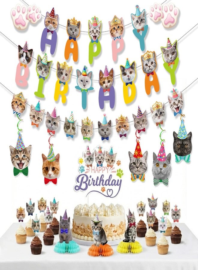 ROPCIA Cat Birthday Decorations,30 PCS Cat Party Decorations Cat Happy Birthday Banner Cake Topper Hanging Swirls Centerpiece for Ca t Party Supplies - Image 1