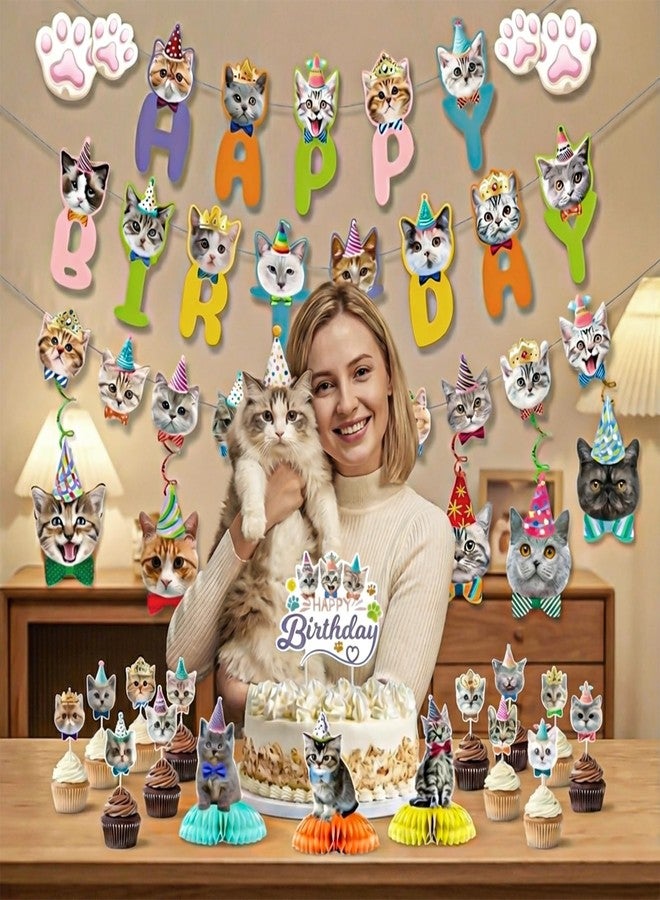ROPCIA Cat Birthday Decorations,30 PCS Cat Party Decorations Cat Happy Birthday Banner Cake Topper Hanging Swirls Centerpiece for Ca t Party Supplies - Image 3