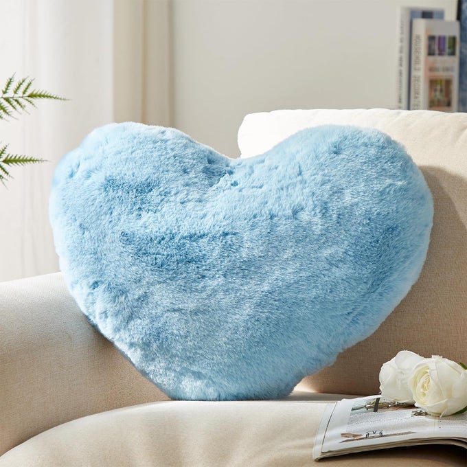 HEART PILLOW BLUE HEART PILLOWS LOVE PILLOW GIFTS 14X17 INCH LARGE HEART SHAPED PILLOWS FAUX RABBIT FUR COQUETTE ROOM DECOR THROW PILLOWS LIVING BEDROOM INDOOR OUTDOOR