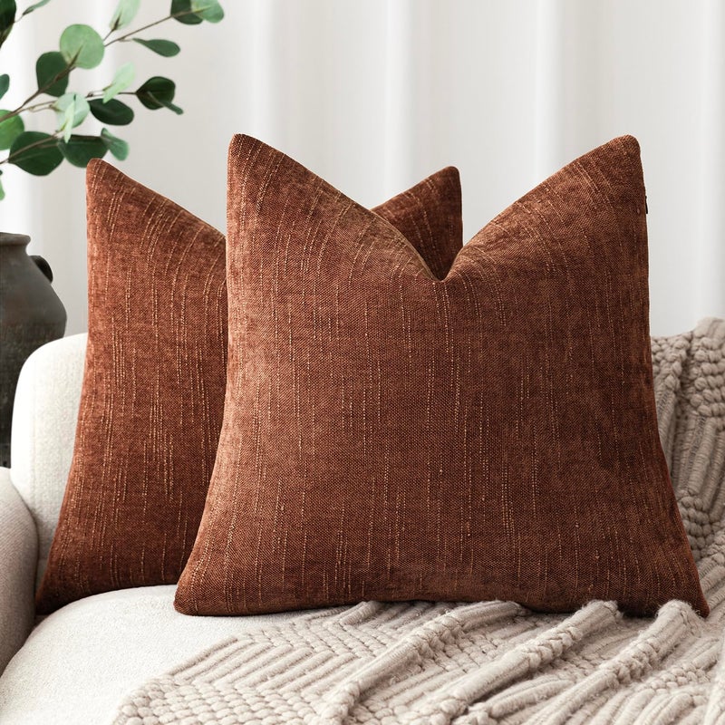 Foindtower Pack of 2 Soft Textured Chenille Throw Decorative Pillow Covers Square Accent Solid Cushion Cover Cozy Neutral Farmhouse Pillow Case for Couch Sofa Bedroom Living Room 24x24 Inch Red Taupe - Image 1