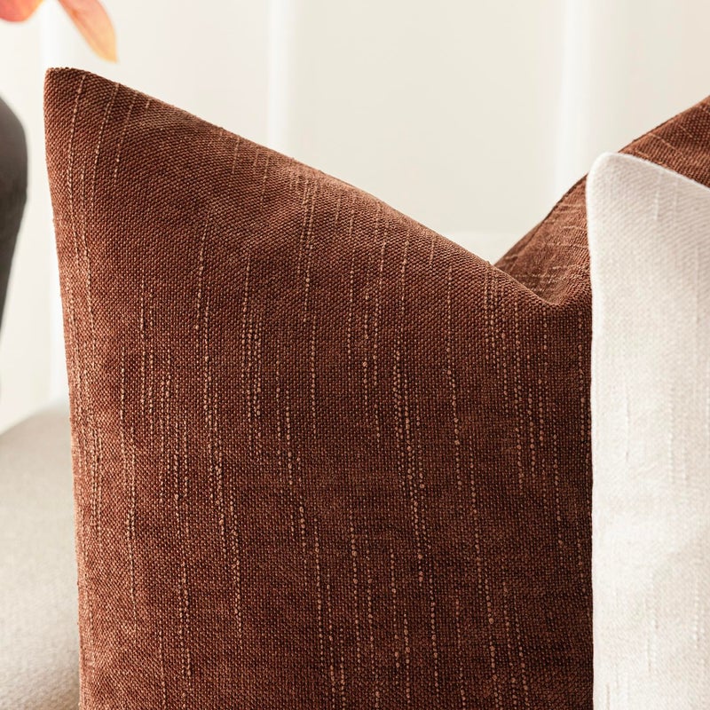 Foindtower Pack of 2 Soft Textured Chenille Throw Decorative Pillow Covers Square Accent Solid Cushion Cover Cozy Neutral Farmhouse Pillow Case for Couch Sofa Bedroom Living Room 24x24 Inch Red Taupe - Image 2
