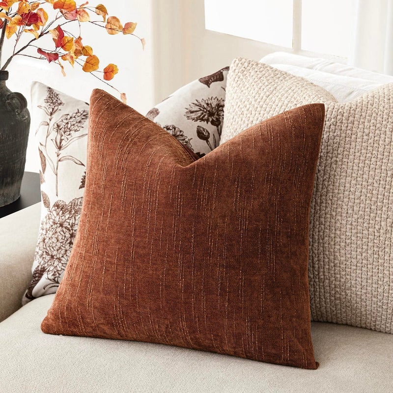 Foindtower Pack of 2 Soft Textured Chenille Throw Decorative Pillow Covers Square Accent Solid Cushion Cover Cozy Neutral Farmhouse Pillow Case for Couch Sofa Bedroom Living Room 24x24 Inch Red Taupe - Image 5