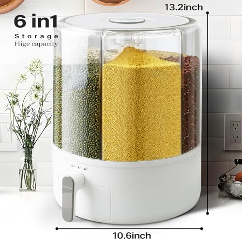 Slow Slog Grain and Rice Storage Container, 6 Grid Grain Dispenser, 360° Rotating 25lb Large Food Dispenser, Rice Dispenser Upgrade 6 Compartment Rotating, Airtight Storage White - Image 3
