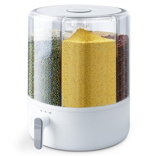 Slow Slog Grain and Rice Storage Container, 6 Grid Grain Dispenser, 360° Rotating 25lb Large Food Dispenser, Rice Dispenser Upgrade 6 Compartment Rotating, Airtight Storage White - Image 1