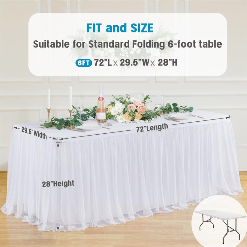 Suppromo White Tulle Tablecloth for 6 Foot Rectangular Tables 72 x 30 Inch White Table Cloth Rectangle 6ft Wrinkle Free Table Cover with Tutu Skirt for Wedding Birthday Party Buffet Banquet Tablecloths - Image 5