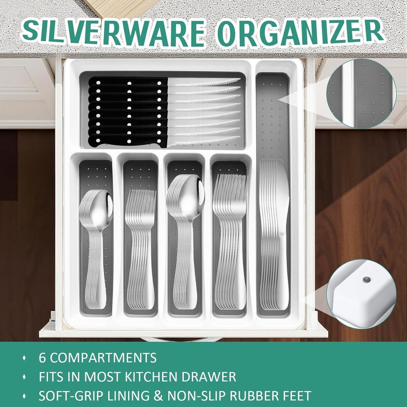Lazycorner 49Pcs Silverware Set with Organizer, Silver Stainless Steel Flatware Set for 8 Cutlery Utensil Sets with Steak Knives, Spoons and Forks Set, Dishwasher Safe - Image 3
