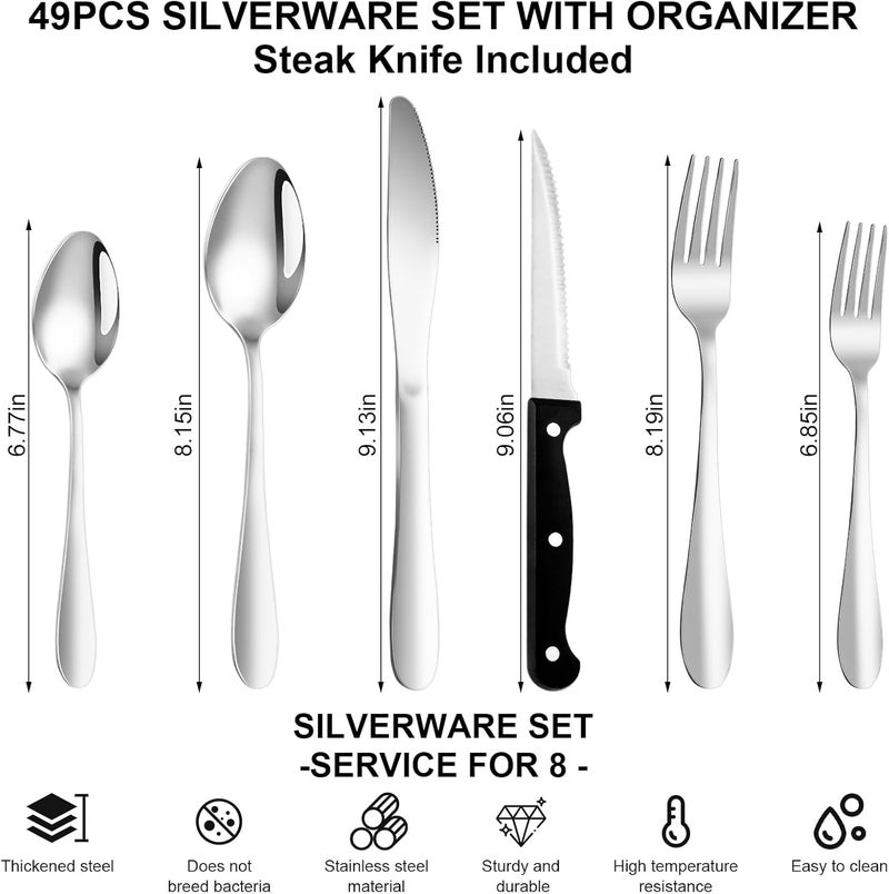 Lazycorner 49Pcs Silverware Set with Organizer, Silver Stainless Steel Flatware Set for 8 Cutlery Utensil Sets with Steak Knives, Spoons and Forks Set, Dishwasher Safe - Image 2
