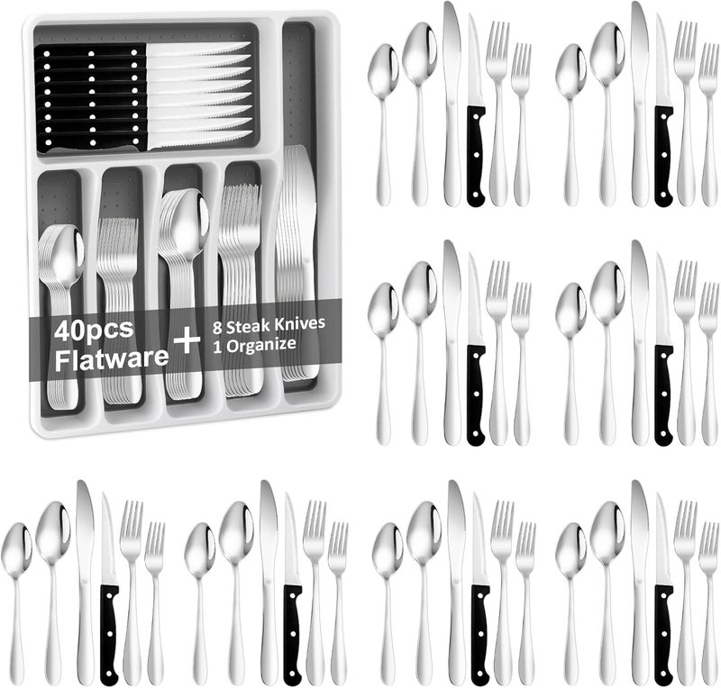Lazycorner 49Pcs Silverware Set with Organizer, Silver Stainless Steel Flatware Set for 8 Cutlery Utensil Sets with Steak Knives, Spoons and Forks Set, Dishwasher Safe - Image 1