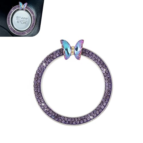 Zikefest Bling Car Engine Start Stop Decoration Ring Crystal Rhinestone Butterfly for Car Button Ring Auto Interior Accessories for Women Push to Start Button Cover Decoration Purple - Image 1