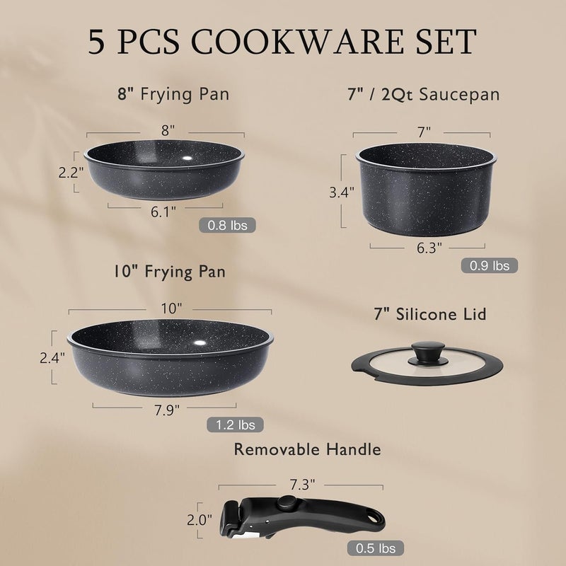 GiPP Ceramic Pots and Pans Set Non Stick, Nonstick Detachable Handle Cookware Sets, Non Toxic Induction Kitchen Pot and Pan with Removable Handle, Healthy RV Cookware, Dishwasher ï¼†Oven Safe, 5 Piece - Image 2