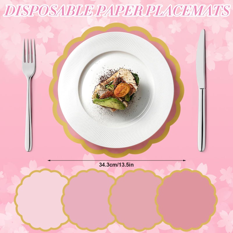 ElasignShopo 100 Pcs Pink Paper Placemats 13.5 Inch Disposable Scalloped Colorful Pastel Round Table Place Mats with Gold Edges, Decorative Colors Mats for Birthday Wedding Bridal Shower Banquet Tea Party - Image 2