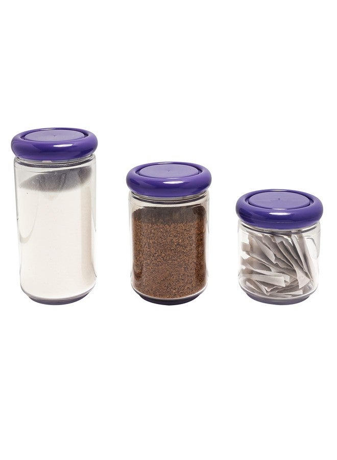 Omada Acrylic Storage Container Set: 3 Piece Sugar Flour Container and Pasta Container Set - Storage Jars for Food Toiletries Office Supplies - 3 Assorted Sizes (16 Oz, 25 Oz, 33.8 Oz) - Purple Lids - Image 1