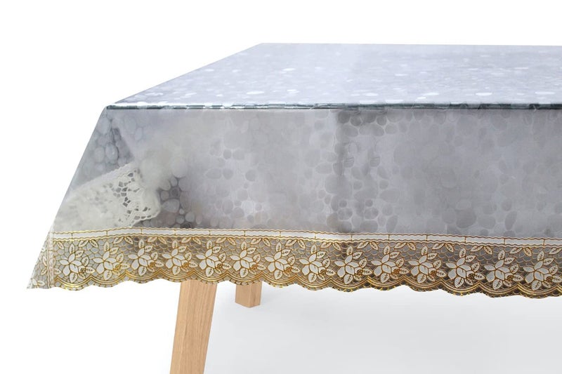 HOMECROWN 3D Design Waterproof Plastic 6 Seater Dining Table Cover 60x90 Inch with Golden Lace Clear Transparent - Image 2