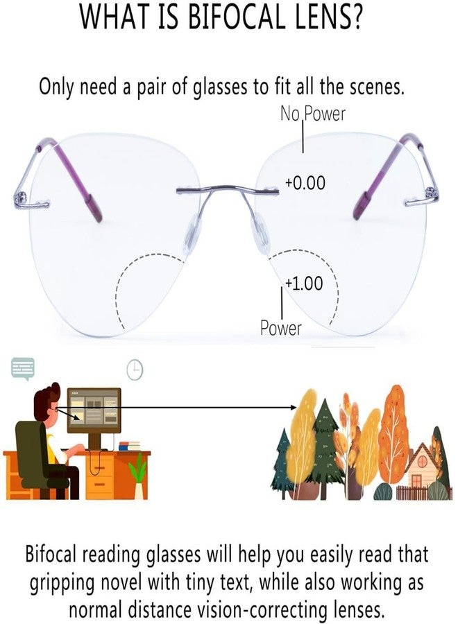 Redex Rimless Aviator Bifocal Reading Glasses Anti Glare Protection For Men Women Power Available 0.50 0.75 1.00 1.25 1.50 1.75 2.00 2.25 2.50 2.75 3.00 3.25 3.50 3.75 4.00 (1.50, purple) - Image 2