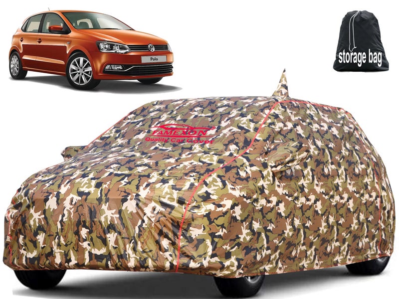 FAMEXON Waterproof Car Body Cover Compatible For Polo Triple Layer Fabric With Mirror Pockets Inner Foam And Pipein Design Protects From Animals, Heat, Rain & Uv Rays (Jungle Print), Multicolor - Image 1