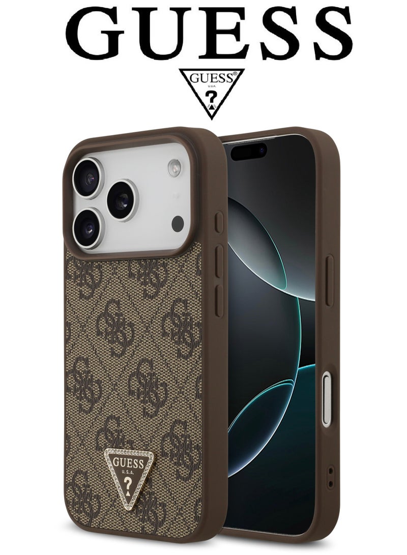 CG MOBILE Luxury embossed leather iPhone 17 Pro case. MagSafe wireless charging iPhone cover iphone 17 pro. Shockproof, durable back protection iphone 17 pro back cover. French-designed, elegant iphone 17 pro cover, certified in partnership with GUESS and CG MOBILE. Brown phone case. - Image 1