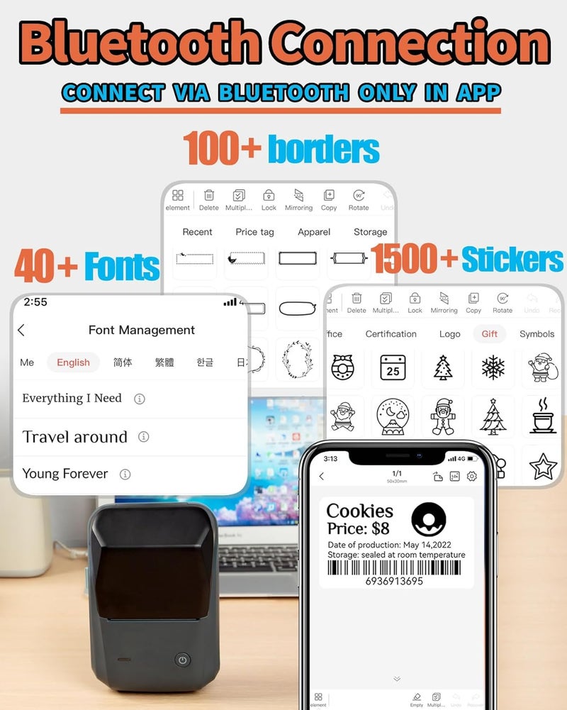 NIIMBOT B1 Label Maker - Barcode Label Printer, Bluetooth & USB, Black, Monochrome, Label Printer, Portable, Thermal, Supports iOS & PC, 2*8 Media Size - Image 2