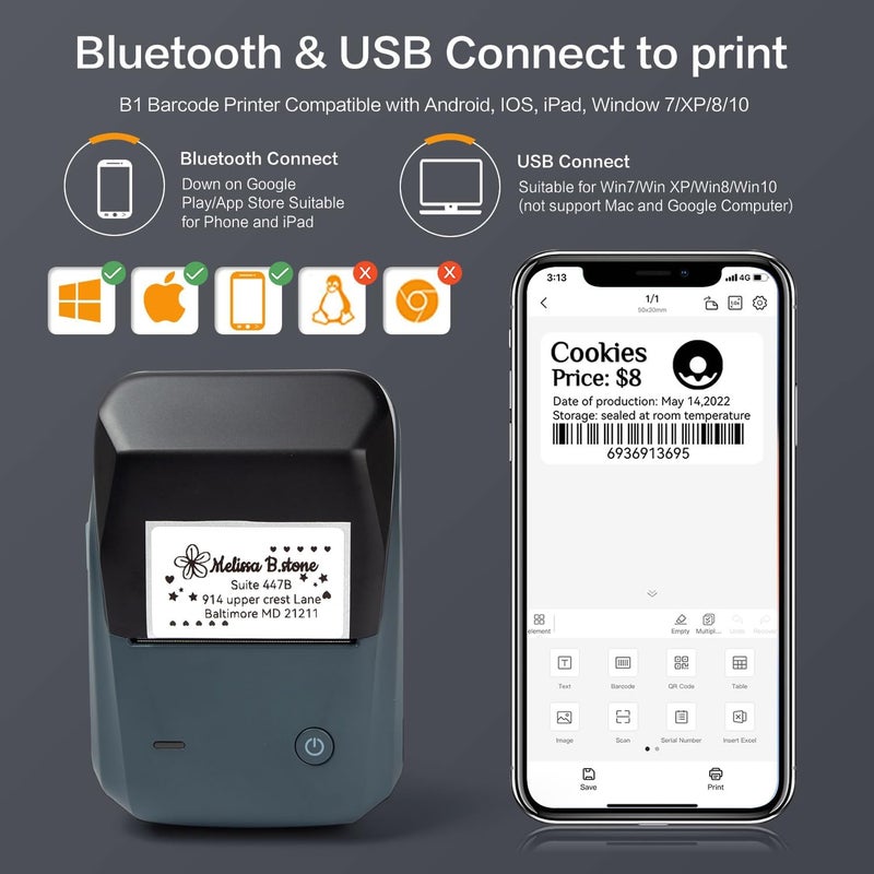 NIIMBOT B1 Label Maker - Barcode Label Printer, Bluetooth & USB, Black, Monochrome, Label Printer, Portable, Thermal, Supports iOS & PC, 2*8 Media Size - Image 4