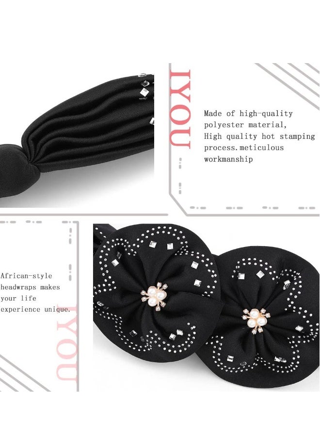 Flower African Turban Headwrap, Flower Stretch Pleasted Turbans Cap, Pre Tied Headwrap Beanie Velvet Twist Headscarf Hat Ruffle Bandanas Bonnet Women Girls (Black) - Image 3