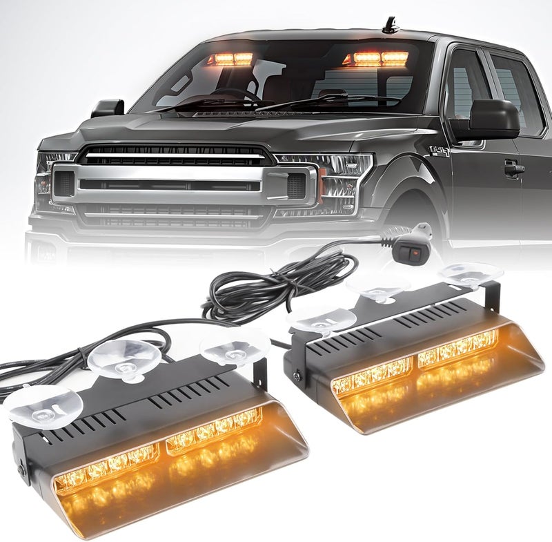 PKINGLAKE 2 in 1 LED Emergency Dash Strobe Light Bar Front/Rear Windshield Safety Flashing Warning Hazard Interior Lights for Police Firefighter Construction Vehicles Trucks (2x7.5 inch, Amber/Amber) - Image 1